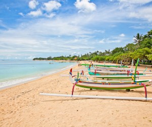 Tropical beach with fisherman's boats in Nusa Dua on Bali